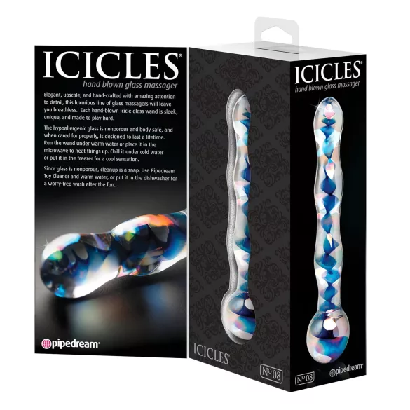 Icicles Nr. 08 - welliger, doppelseitiger Glasdildo (klar-blau)