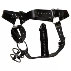 ZADO - Leder Tanga mit Dildo, 3 Penisringen - L/XL