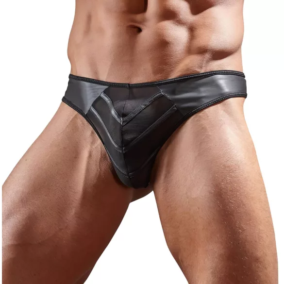 Glänzender Herren-Tanga mit transparentem Einsatz (schwarz) - L
