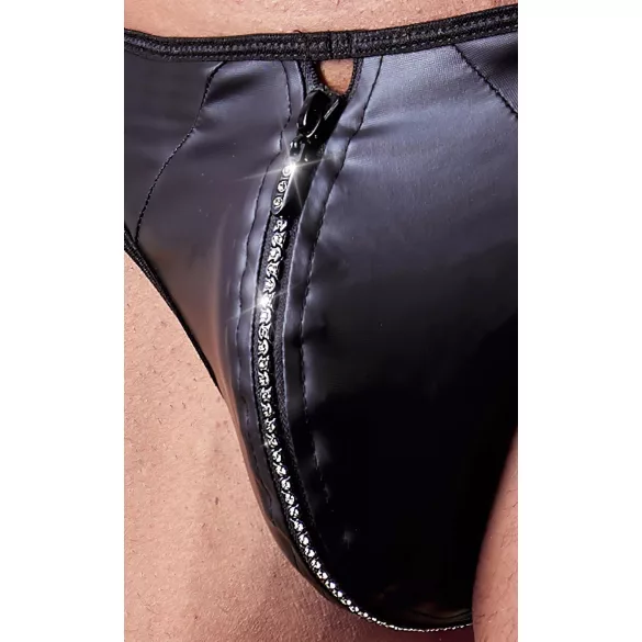 Svenjoyment - glänzender Herren-String mit Strass-Reißverschluss (schwarz) - 2XL