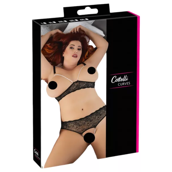 Cottelli Plus Size - Perlen-BH-Set (schwarz) - 2XL