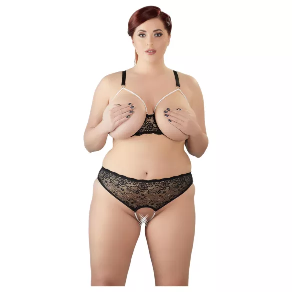 Cottelli Plus Size - Perlen-BH-Set (schwarz) - 3XL