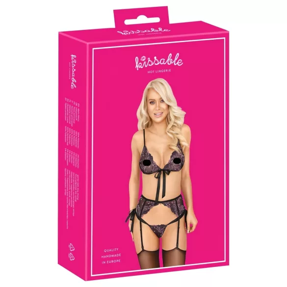 Kissable - pink-lila Stickerei BH-Set (schwarz)