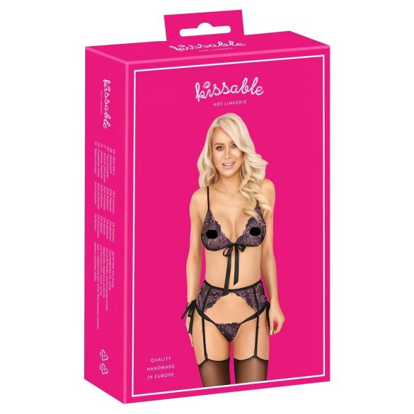 Kissable - Stickere BH-Set in Pink-Lila (Schwarz) - L/XL