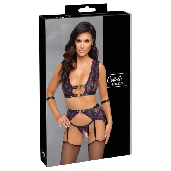 Cottelli Bondage - Dessous-Set und Handschellen (Schwarz-Lila) - M
