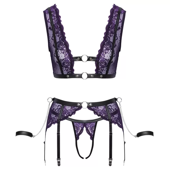 Cottelli Bondage - Dessous-Set und Handschellen (Schwarz-Lila) - M