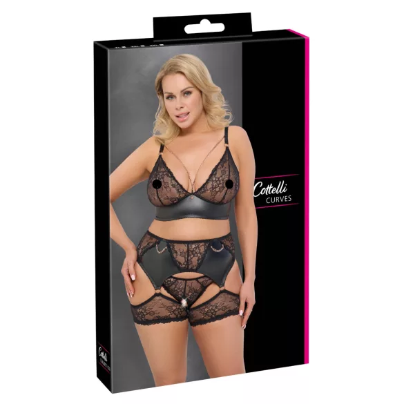 Cottelli Curves - Spitzen-BH-Set mit Ledereinsätzen (Schwarz)