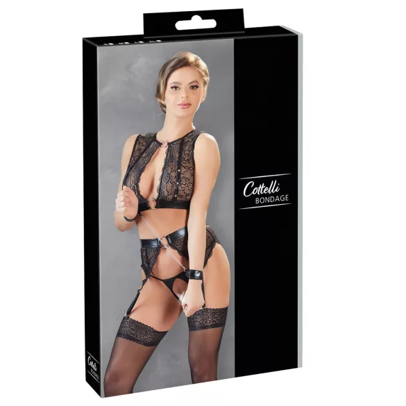 Cottelli Bondage - Spitzen‑Dessous-Set + Handschellen (4-teilig) - L