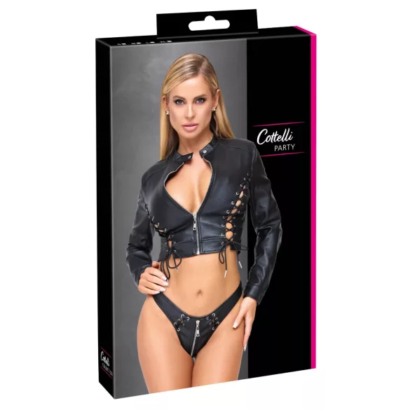 Cottelli - kurzes Kunstleder-Jäckchen und Tanga-Set (schwarz) - M