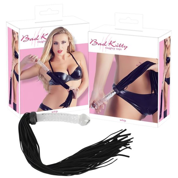 Bad Kitty - Lederpeitsche mit gläsernem Dildo (transparent-schwarz)