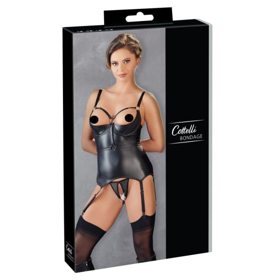 Cottelli Bondage - Glänzendes, büstenhebendes Oberteil mit Handschellen (schwarz)