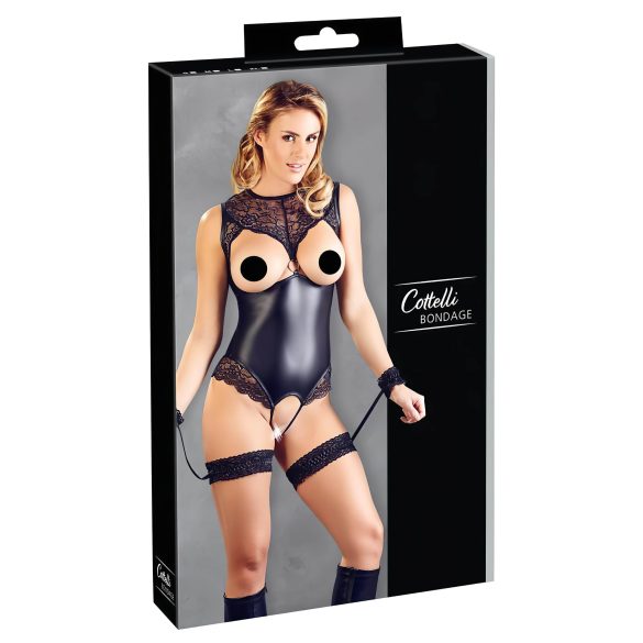 Cottelli Bondage - Glänzender Body mit offenen Cups & Handfesseln (Schwarz) - L