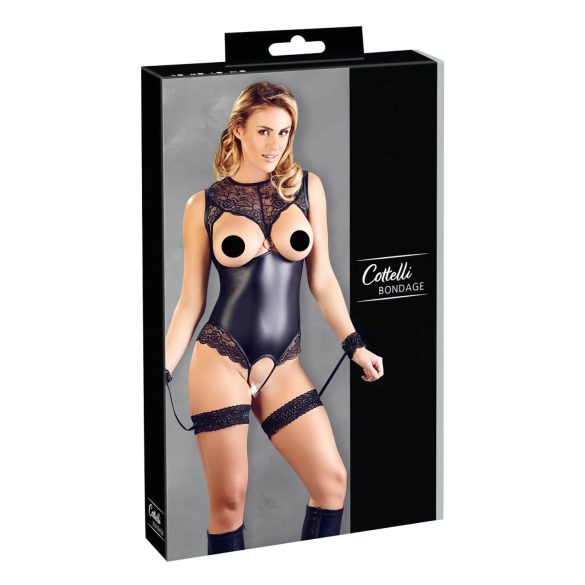Cottelli Bondage - Glänzender Body mit offenen Cups & Handfesseln (Schwarz) - L