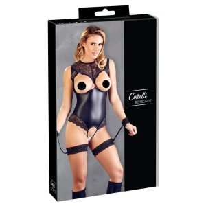 Cottelli Bondage - Glänzender offener Body mit Handschellen (schwarz) - XL