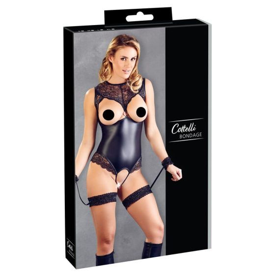 Cottelli Bondage - Glänzender offener Body mit Handschellen (schwarz) - XL