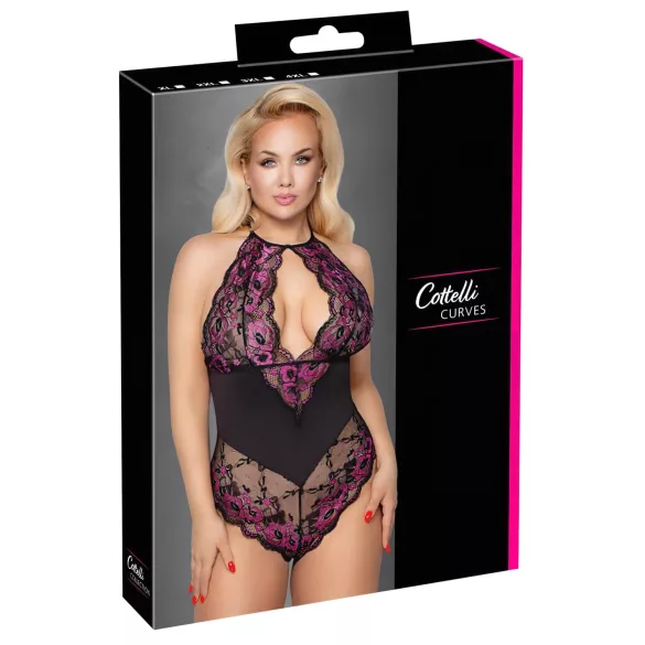 Cottelli Plus Size - Blumen-Body (schwarz-lila) - 2XL