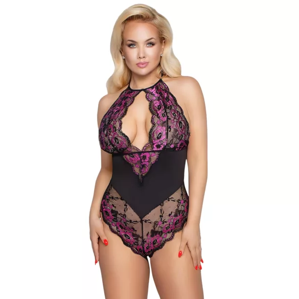Cottelli Plus Size - Blumen-Body (schwarz-lila) - 2XL