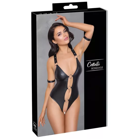 Cottelli Bondage - Glänzender, offener Body mit Ringen (schwarz) - XL