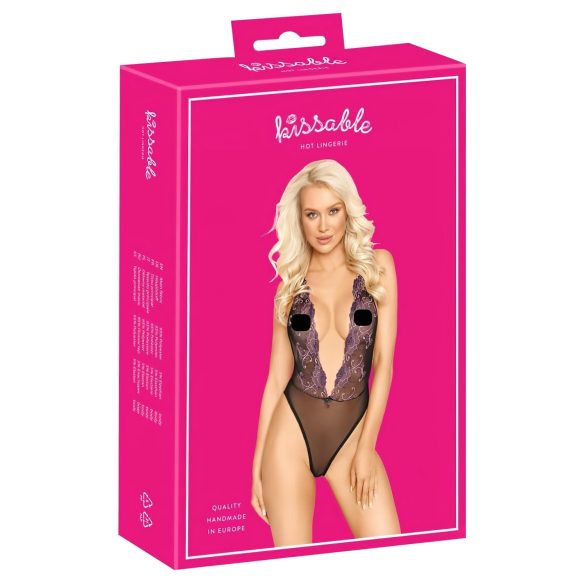Kusshalter - Schwarzer Body mit rosa Stickerei
