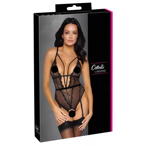 Cottelli - Offener, riemchen Body mit Strumpfhalter (schwarz)