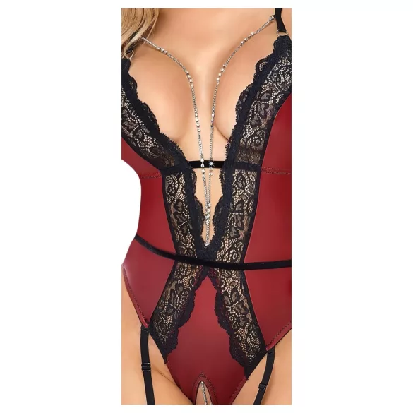 Abierta Fina - Offener Body mit Strumpfhalter (Schwarz-Rot)