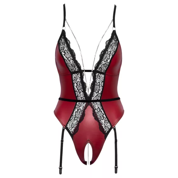 Abierta Fina - Offener Body mit Strumpfhalter (Schwarz-Rot) - M