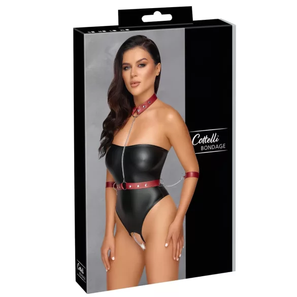 Cottelli Bondage - glänzender Body + Arm- und Halsfixierung (schwarz)