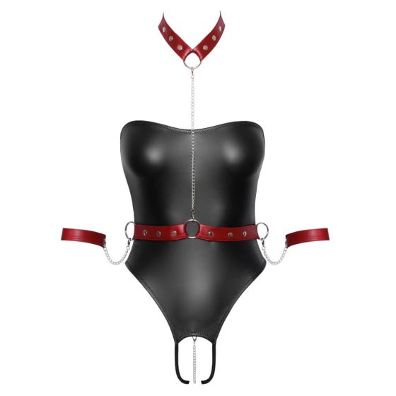 Cottelli Bondage - Glänzender Body mit Handschellen (Schwarz-Rot)