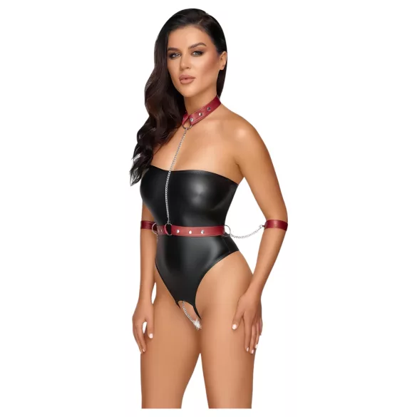 Cottelli Bondage - glänzender Body + Arm- und Halsfixierung (schwarz) - M