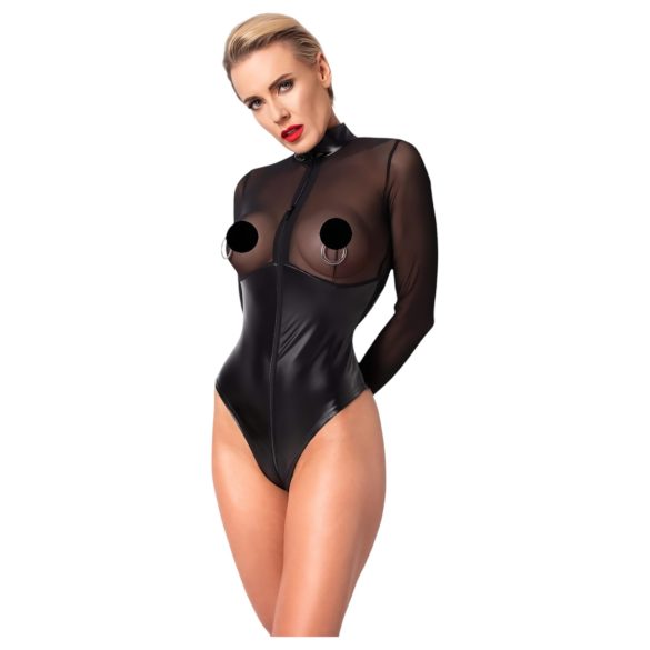 Noir - Glänzender Body mit transparentem Einsatz (Schwarz) - L