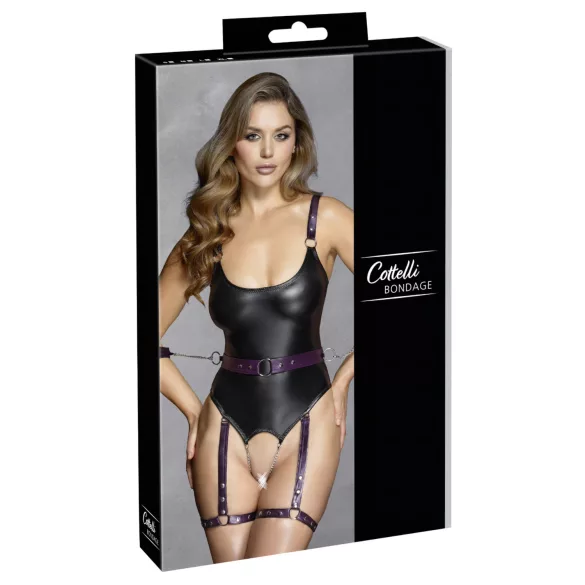 Cottelli - Offener Bondage-Body mit Handschellen (Schwarz)