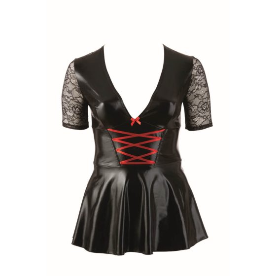 Cottelli Plus Size - glänzendes Kleid mit roter Schnürung (schwarz)