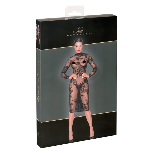 Noir - Transparenz & Blumen: Langarmkleid (Schwarz) - M