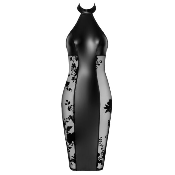 Noir - Glänzend-Durchsichtiges Neckholder-Kleid mit Blumenmuster (Schwarz)