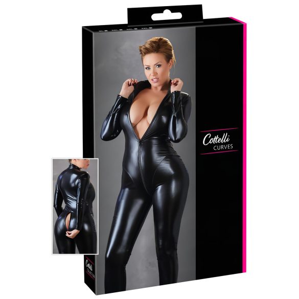 Cottelli Plus Size - Glänzender Langarm-Party-Overall (Schwarz)