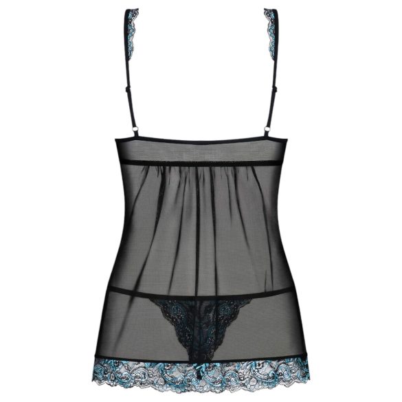 Obsessive Amanta - Stickerei-Babydoll und String (Schwarz-Türkis)