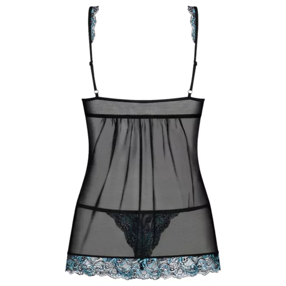 Obsessive Amanta - Stickerei-Babydoll und String (Schwarz-Türkis) - L/XL