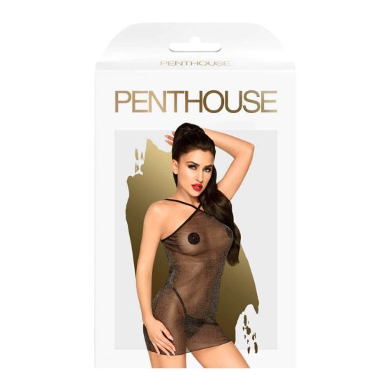 Penthouse Bombshell - Glitzerndes, transparentes Kleid und Tanga (Schwarz) - M/L