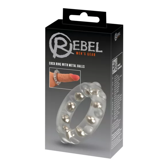 Rebel - transparenter Silikon-Penisring mit Metallkugeln und Noppen.