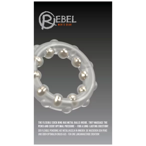 Rebel - transparenter Silikon-Penisring mit Metallkugeln und Noppen.