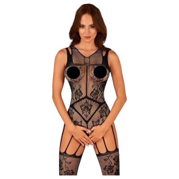 Obsessive - Netz-Overall mit Blumenmuster, offen (schwarz) (S-L)