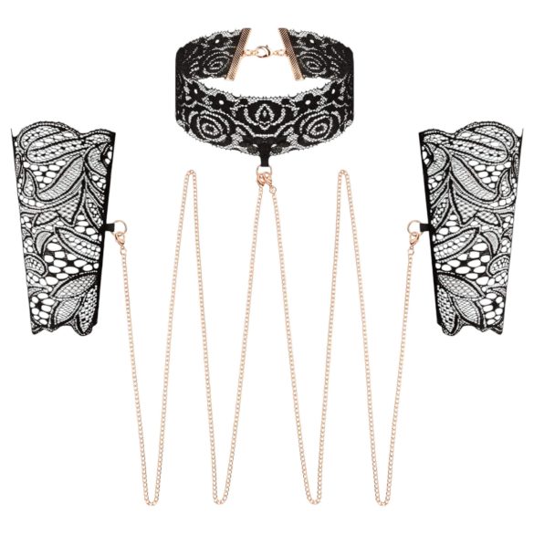 Rosy Gold - Halsband und Handfesseln (Schwarz)